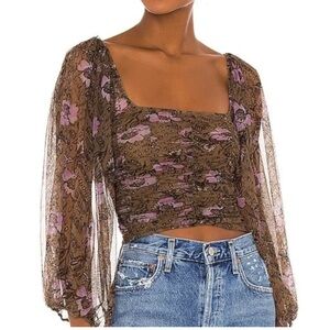 Floral Sheer Sleeve Top - Brown and Purple